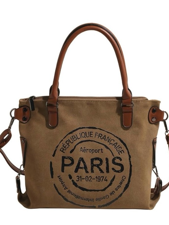 Source Unknown Handbags - Source Unknown Brown Canvas Paris Stamp Tote Bag NWOT